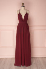 Wallis |Sheath Chiffon Burgundy Bridesmaid Dress Long V Neck - Burgundy - PromDressClub