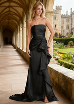 Sian Black Strapless Ruffle Prom Dress | Sheath Pleated Backless Long Formal Dress with Slit - Black - PromDressClub