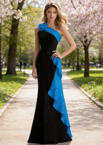 Soren Black and Blue Prom Dresses with One Shoulder | Sheath Ruffle 3D Flower Black Tie Wedding Guest Dress
