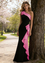Soren Black and Fuchsia Prom Dresses with One Shoulder | Sheath Ruffle 3D Flower Black Tie Wedding Guest Dress