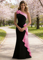 Soren Black and Pink Prom Dresses with One Shoulder | Sheath Ruffle 3D Flower Black Tie Wedding Guest Dress