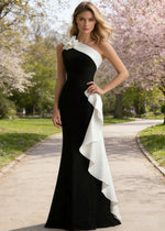 Soren Black and White Prom Dresses with One Shoulder | Sheath Ruffle 3D Flower Black Tie Wedding Guest Dress