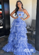 Spring |Blue Tulle Print Long Prom Dresses With A Line Halter Keyhole Ruffle Tiered - Price #price_variant_lowest# - Blue - PromDressClub