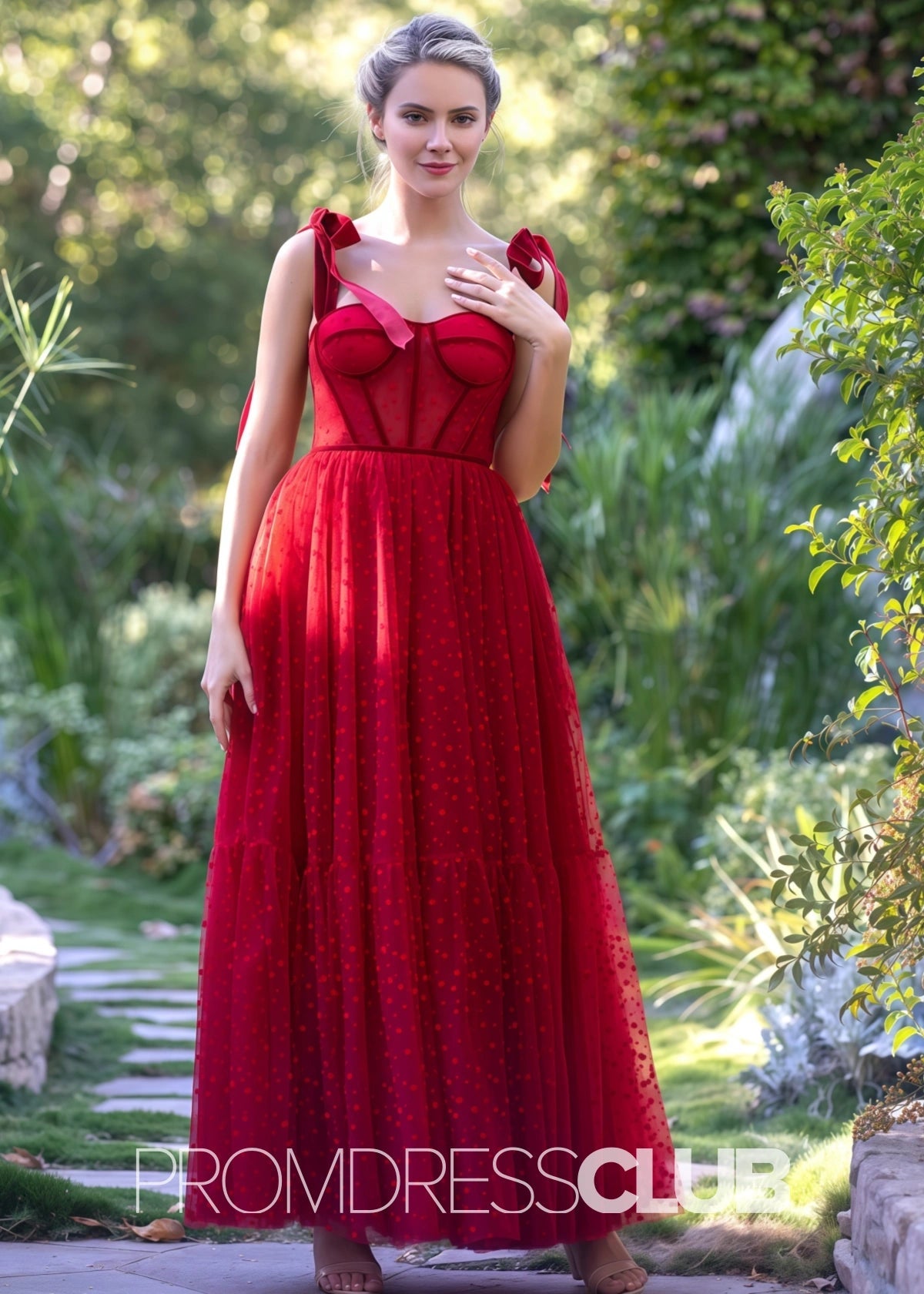 Stephanie |Red Long Prom Dresses With A Line Square Neckline Corset Dotted Tulle - Price #price_variant_lowest# - Red - PromDressClub