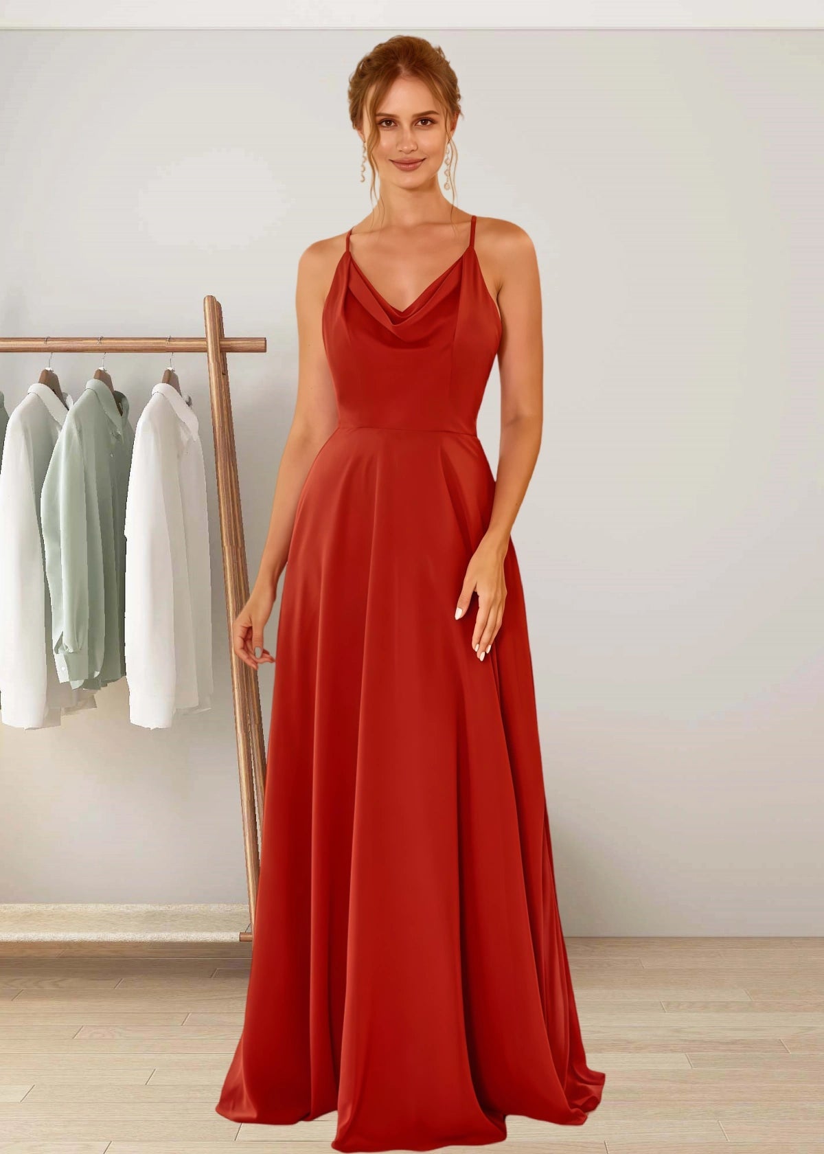 Susanna | A Line Spaghetti Straps Rust Brown Chiffon Long Bridesmaid Dress - Price #price_variant_lowest# - Rust - PromDressClub