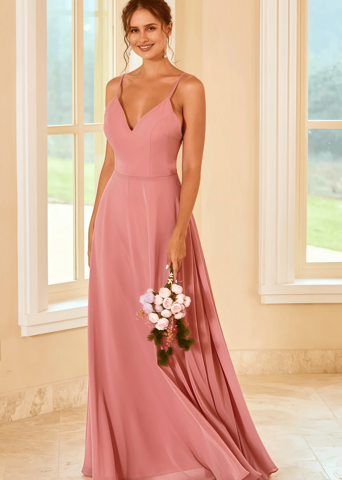 Suzanne | A Line Blush Chiffon Maxi Bridesmaid Dress - Price #price_variant_lowest# - Blush - PromDressClub
