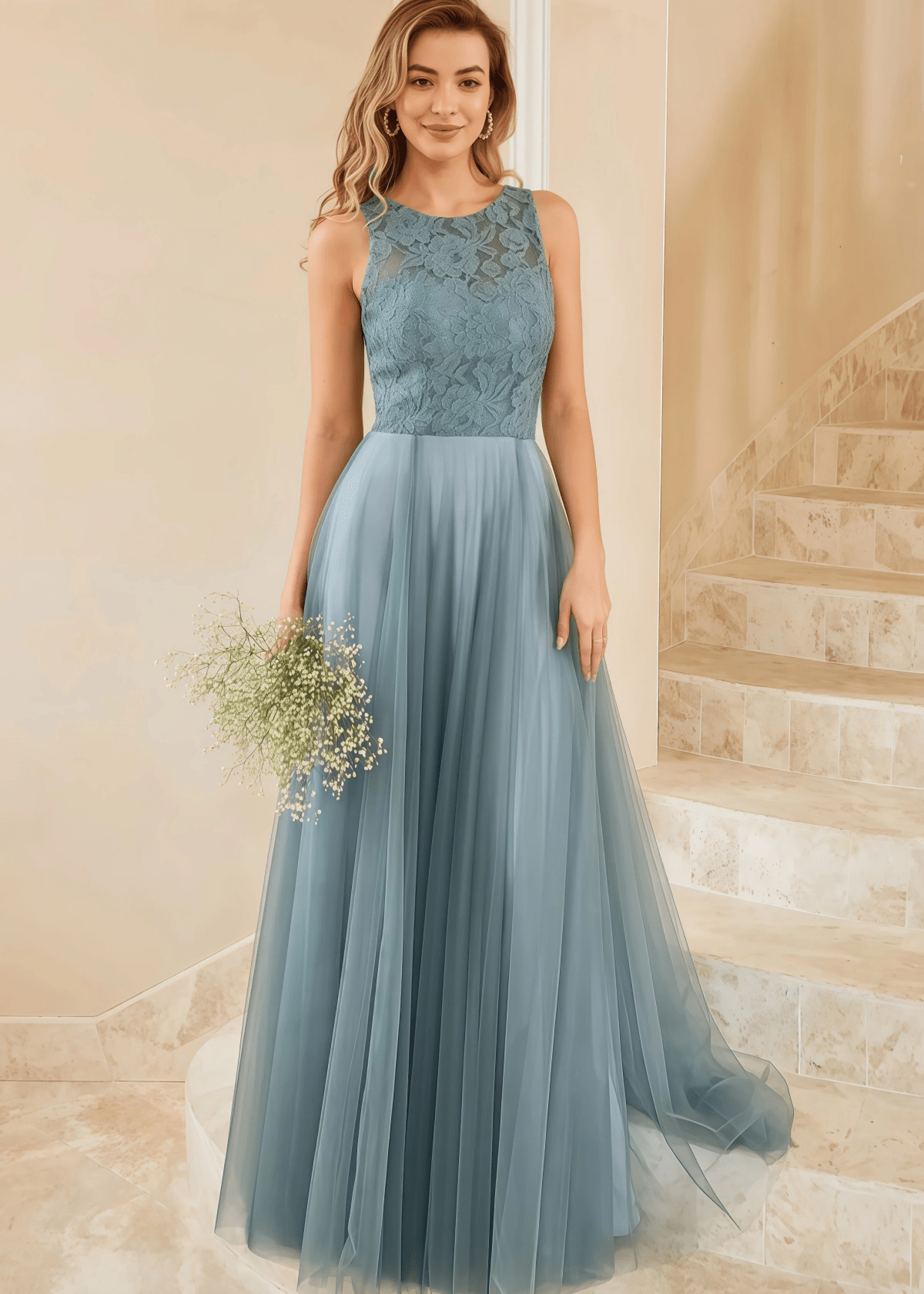 Tiffany | A Line Lace Embroider Grey Blue Tulle Maxi Bridesmaid Dress - Price #price_variant_lowest# - Grey Blue - PromDressClub