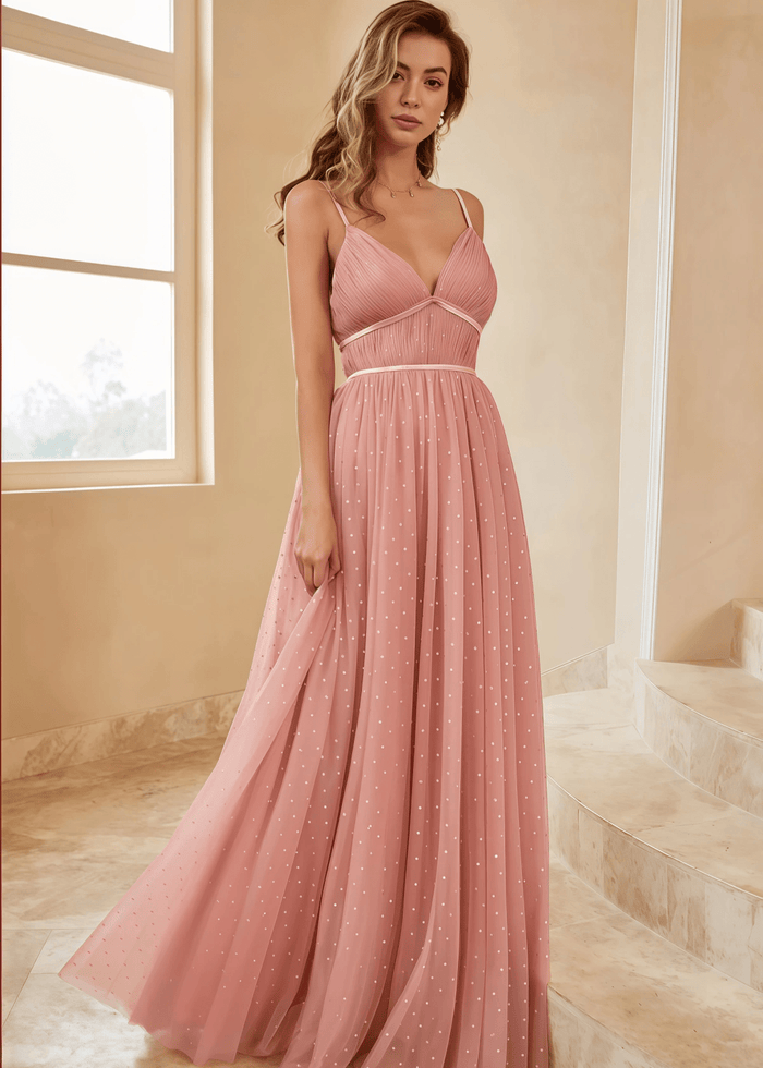 Tina | A Line Polka Dots Ruffles Pink Tulle Long Bridesmaid Dress - Price #price_variant_lowest# - Pink - PromDressClub