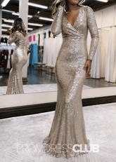 Tracy |Prom Dresses Silver Long Sleeves Mermaid Elegant Sheath V - Neck Sequins - Price #price_variant_lowest# - Silver - PromDressClub