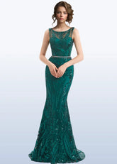 Hedy | Dark Green Mermaid High Neck Corset Prom Dress With Belt - Dark Green - PromDressClub