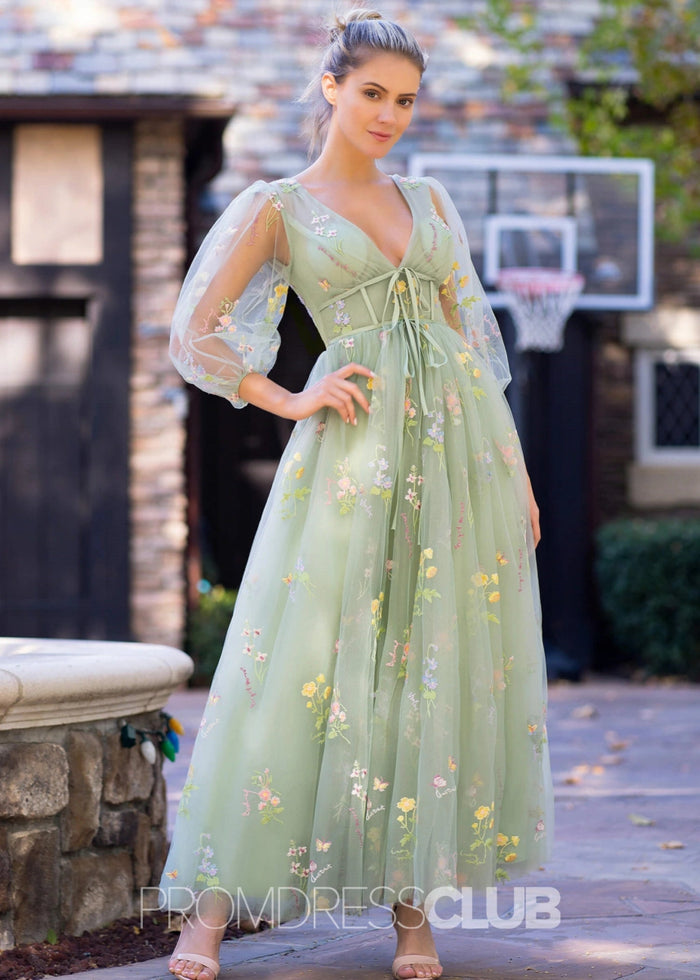 Tulle Sage Floral Prom Dress Long With A - line V - neck Embroidery - Sage Floral - PromDressClub