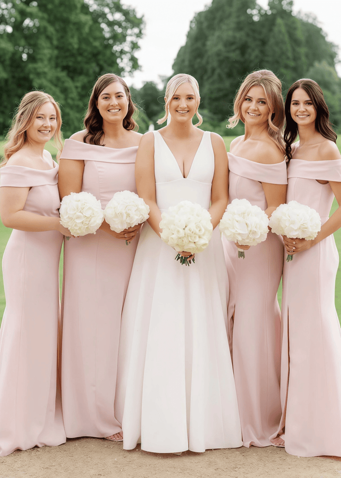 Victoria | Exquisite Sheath Light Pink Satin Maxi Bridesmaid Dress with Slit and Off the Shoulder - Price #price_variant_lowest# - Light Pink - PromDressClub