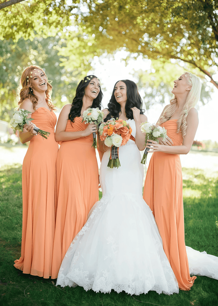 Virginia | Chic A Line Orange Chiffon Strapless Maxi Bridesmaid Dress with Sweetheart and Sleeveless - Price #price_variant_lowest# - Orange - PromDressClub