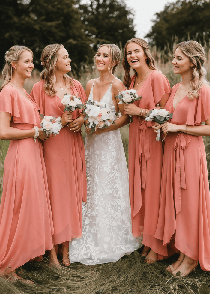 Xanthe | Chic A Line Peach Chiffon Maxi Bridesmaid Dress with V - Neck and Short Sleeve - Price #price_variant_lowest# - Peach - PromDressClub