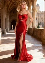 Xena Red Satin Corset Prom Dress with Cutouts | Sheath Strapless Sweetheart Neckline Backless Lace - up Gown with Split - US00 - PromDressClub