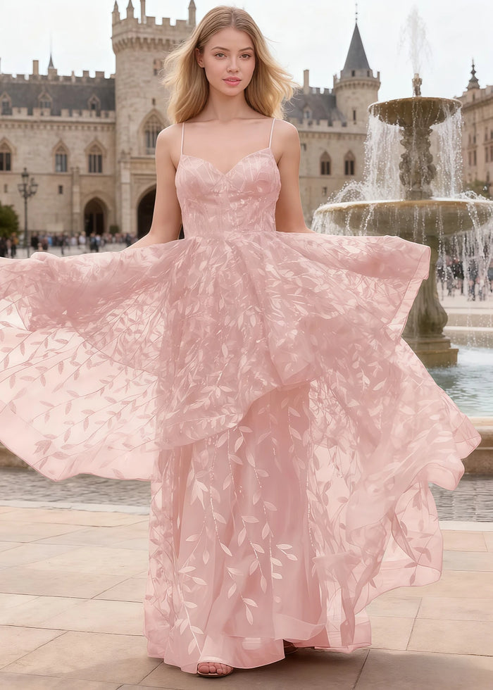 Yara Pink Tulle Floral Jacquard Prom Dress | A - Line Spaghetti Strap V - Neck Ruffle Gown - US00 - PromDressClub