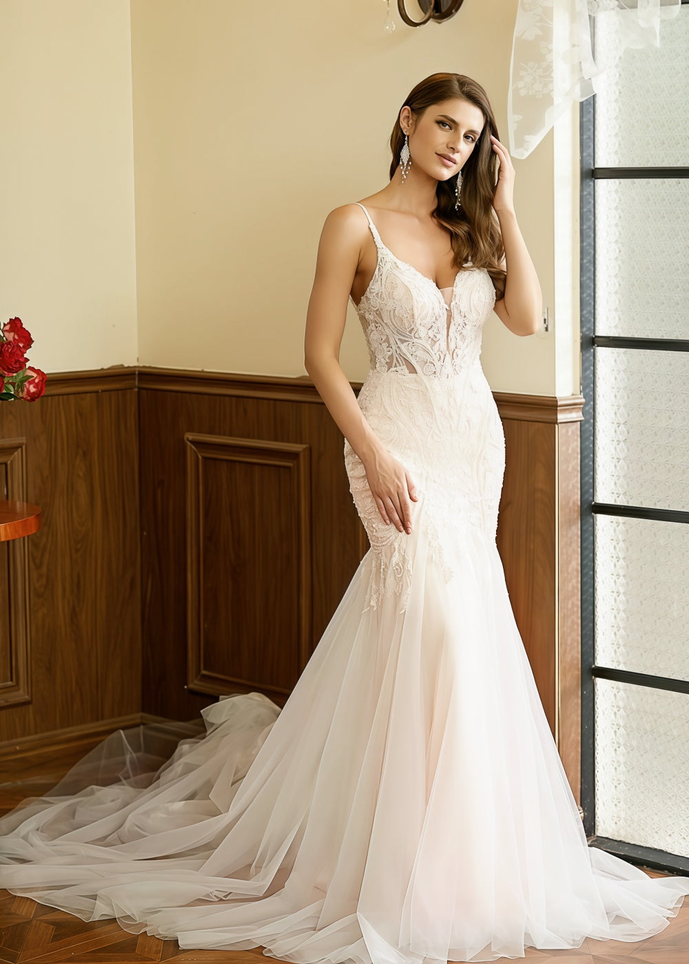 Kitty | Stunning Mermaid V Neck Lace and Tulle Wedding Dress with Cathedral Train