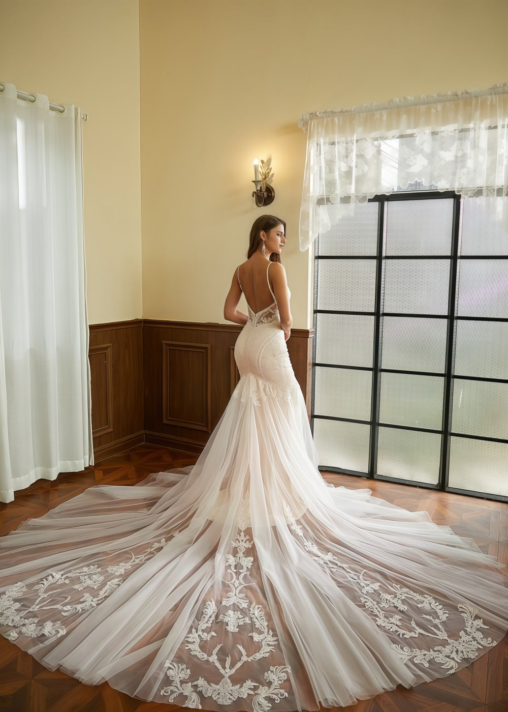 Kitty | Stunning Mermaid V Neck Lace and Tulle Wedding Dress with Cathedral Train