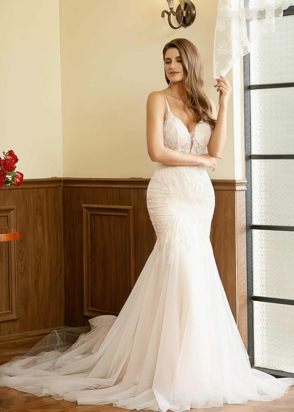 Kitty | Stunning Mermaid V Neck Lace and Tulle Wedding Dress with Cathedral Train