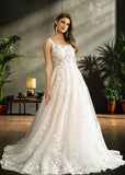 Lauren | Elegant A Line/Princess Square Neck Lace and Tulle Wedding Dress with Long Train