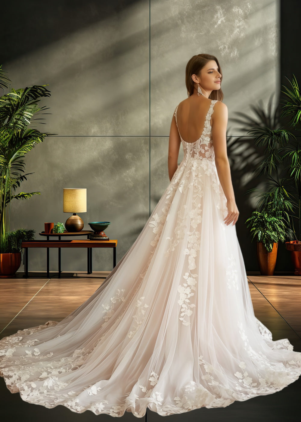 Lauren | Elegant A Line/Princess Square Neck Lace and Tulle Wedding Dress with Long Train