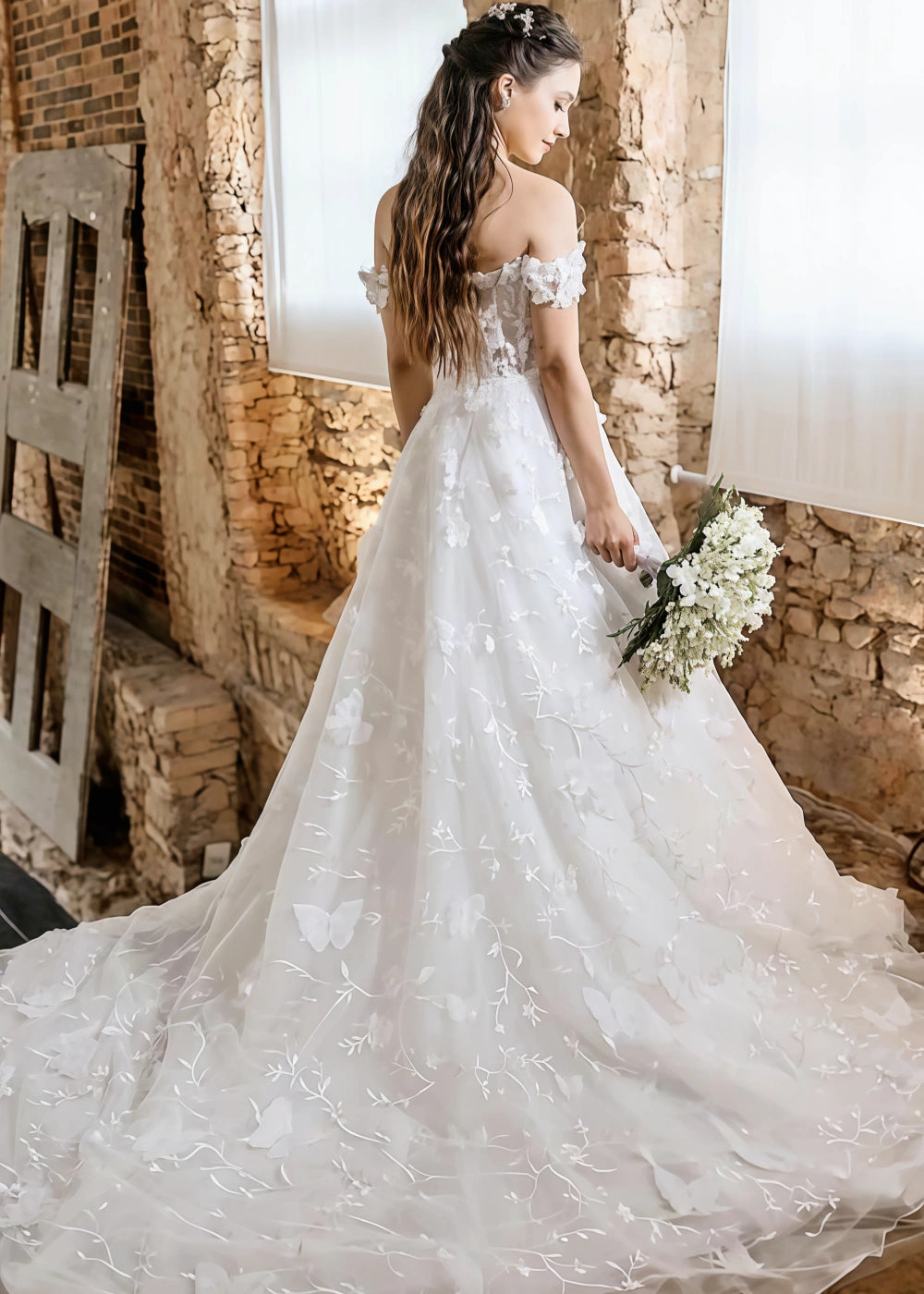 Lisa | Stunning Boho Ball-Gown/Princess Off the Shoulder Floral Applique Wedding Dress with Long Train