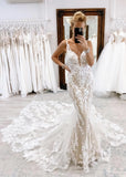 Liz | Stunning Mermaid V Neck Appliques Lace Wedding Dress with Long Train