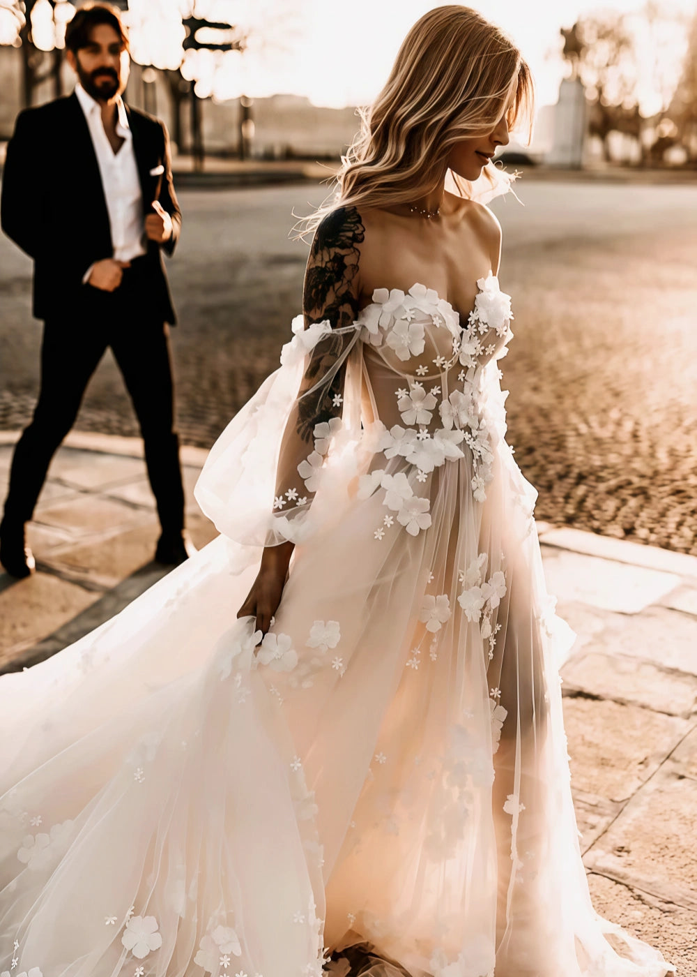 Louise | Stunning 3D Floral Off the Shoulder Puff Long Sleeve Wedding Dress with Long Train