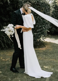 Marguerite | Chic Sheath/Column V Neck Puff Sleeve Backless Ivory Satin Wedding Dress