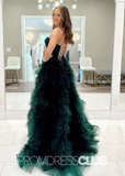 Elvira |A Line Dark Green Prom Dresses Long Sweetheart Tulle Tiered Corset