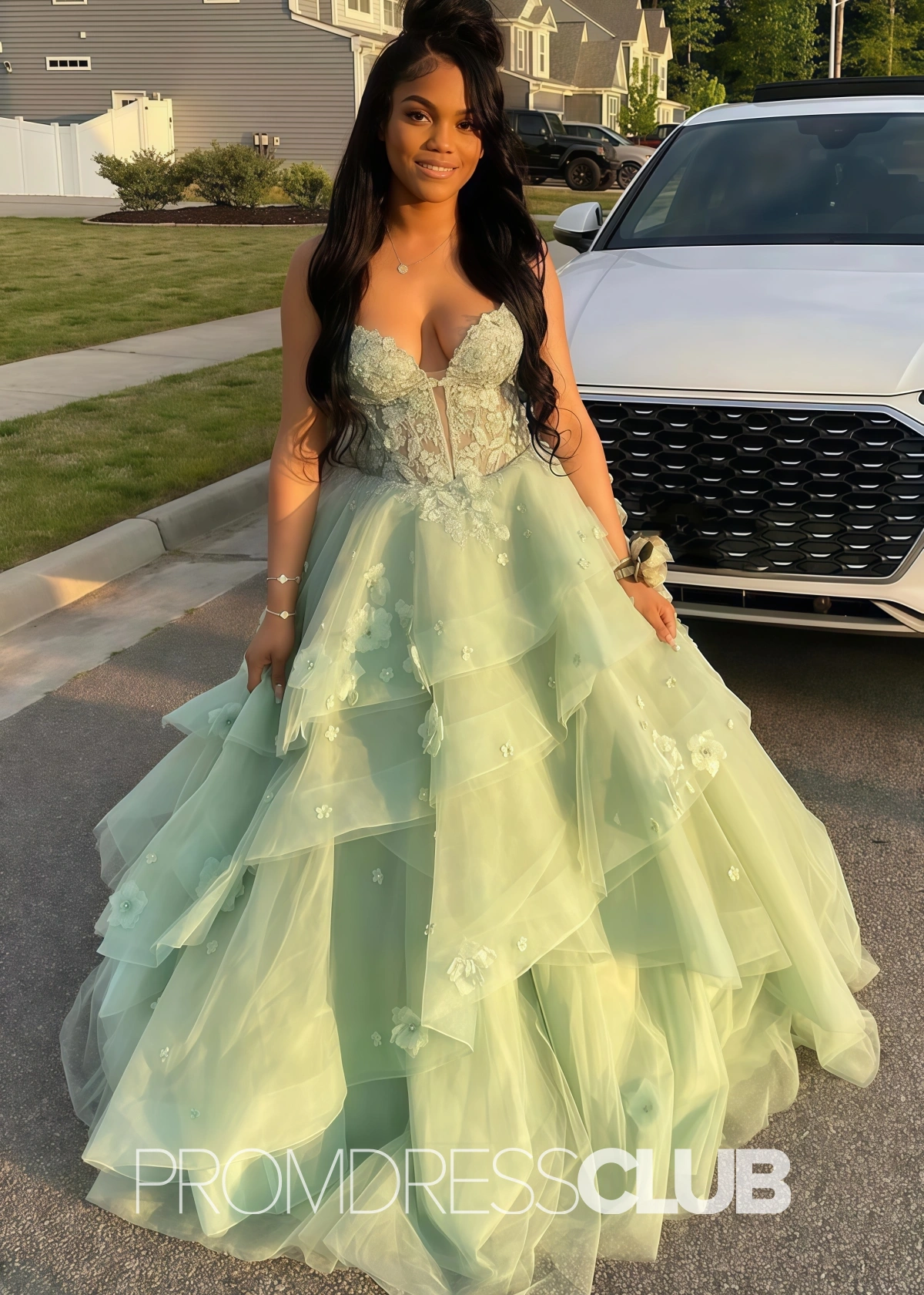 Eve |Ball Gown Sage Green Prom Dress Long V Neck with Slit Tiered Tulle