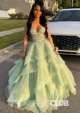 Eve |Ball Gown Sage Green Prom Dress Long V Neck with Slit Tiered Tulle