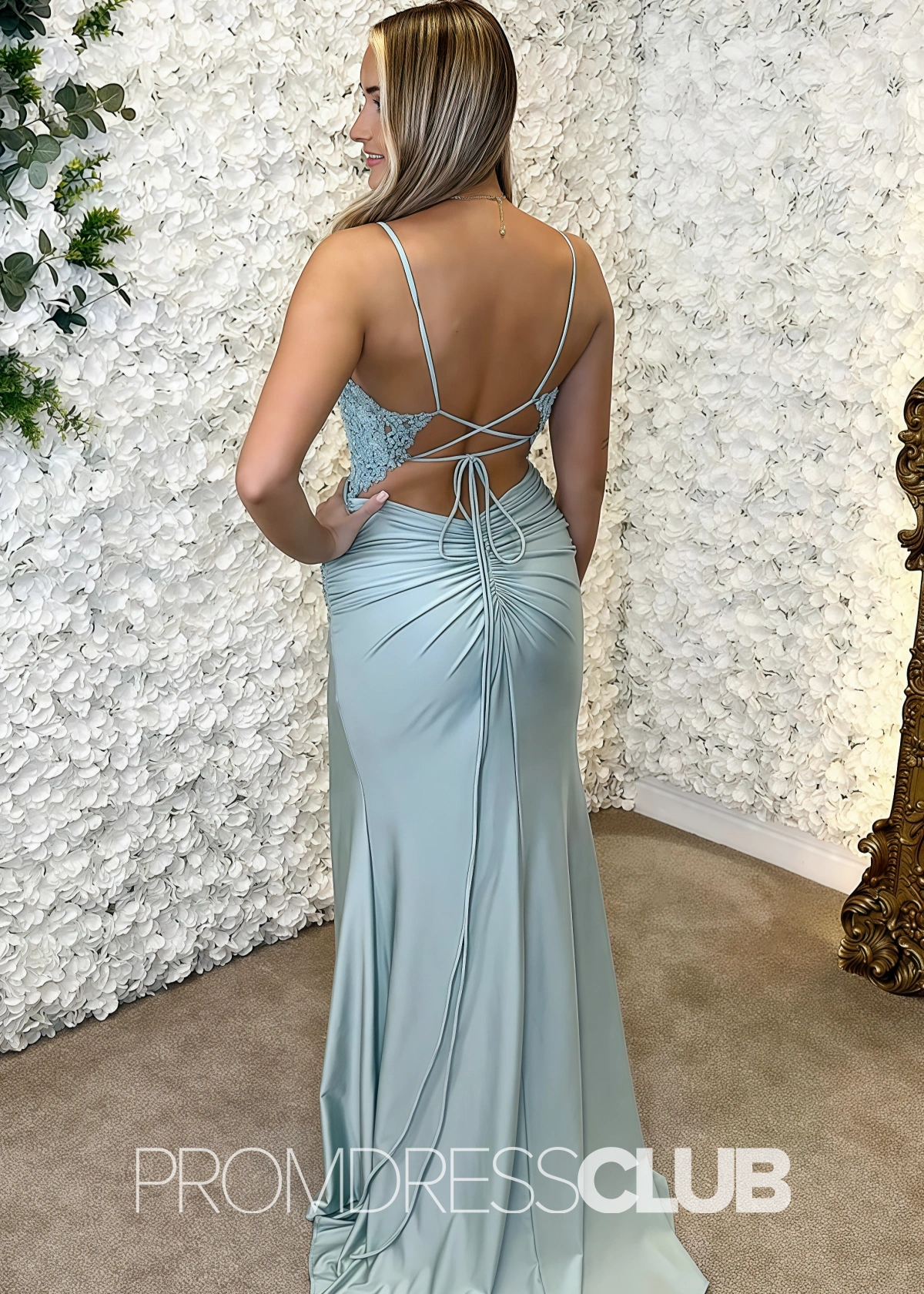 Faithe |Mermaid Light Blue Prom Dresses Long V Neck Spaghetti Straps with Slit