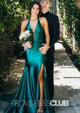 Flora | Mermaid Emerald Green Prom Dresses Long Halter with Slit