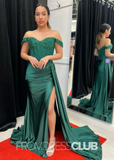 Freda | Long Emerald Green Prom Dresses Mermaid Off the Shoulder with Slit