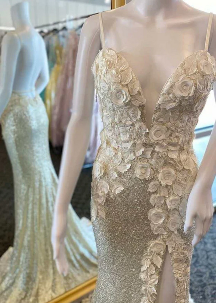 Daphne | Long Orange Prom Dress Sequins With Mermaid V Neck 3D Flower Slit - Champagne - PromDressClub