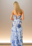 Beatrice | White and Blue Floral Mermaid Strapless Beaded Formal Dress with Ruffles