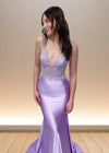 Caroline | Mermaid Lavender Satin Beaded Pleated Formal Dress Color Lavender