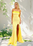 Diana | Yellow Strapless Formal Dress with Ruffles & Side Slit – Elevate Your Gala Look | Buy Pink & Yellow Formal Dresses Online