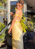 Emilia | Stunning Yellow Off The Shoulder Satin Pleated Prom Dress – Shine Bright at Your Special Event