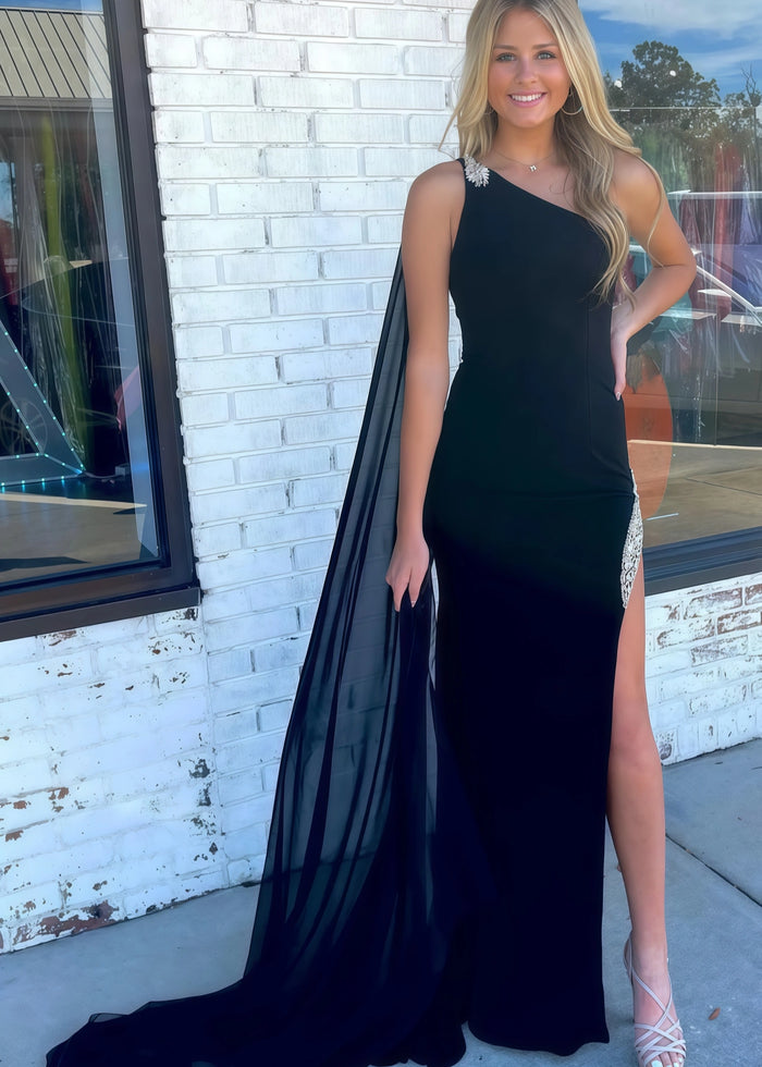Blanche | Mermaid Long Black Prom Dress with One Shoulder Polyester Split Front - Black - PromDressClub