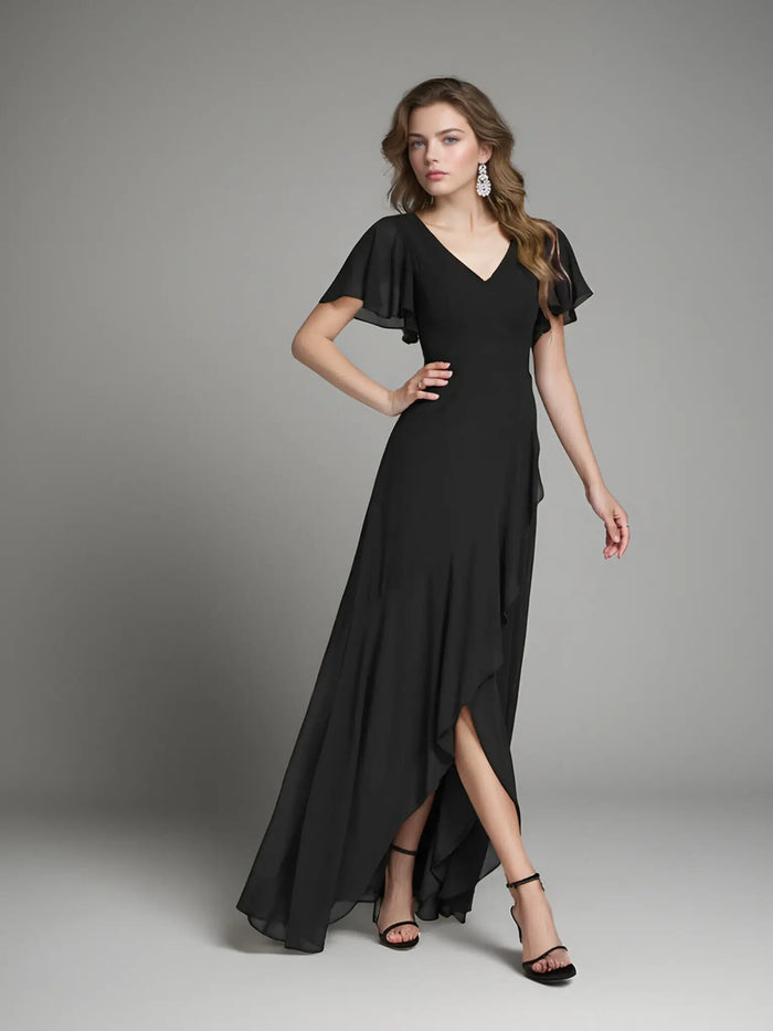 Theresa | Champagne and Royal Blue Plus Size A Line ruffle Prom Dress with Slit - Rose Gold - PromDressClub