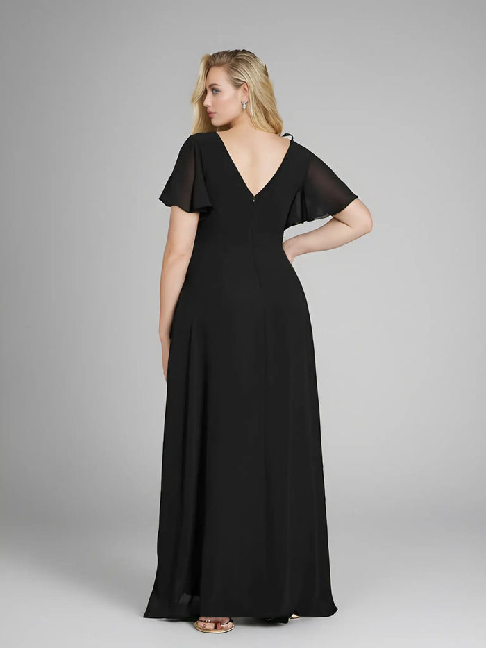 Theresa | Champagne and Royal Blue Plus Size A Line ruffle Prom Dress with Slit - Black - PromDressClub