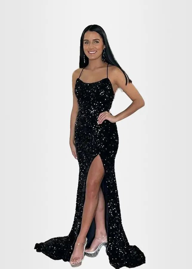 Novia | Royal Blue Prom Dresses Long Mermaid Glitter Sequins with Slit - Black - PromDressClub