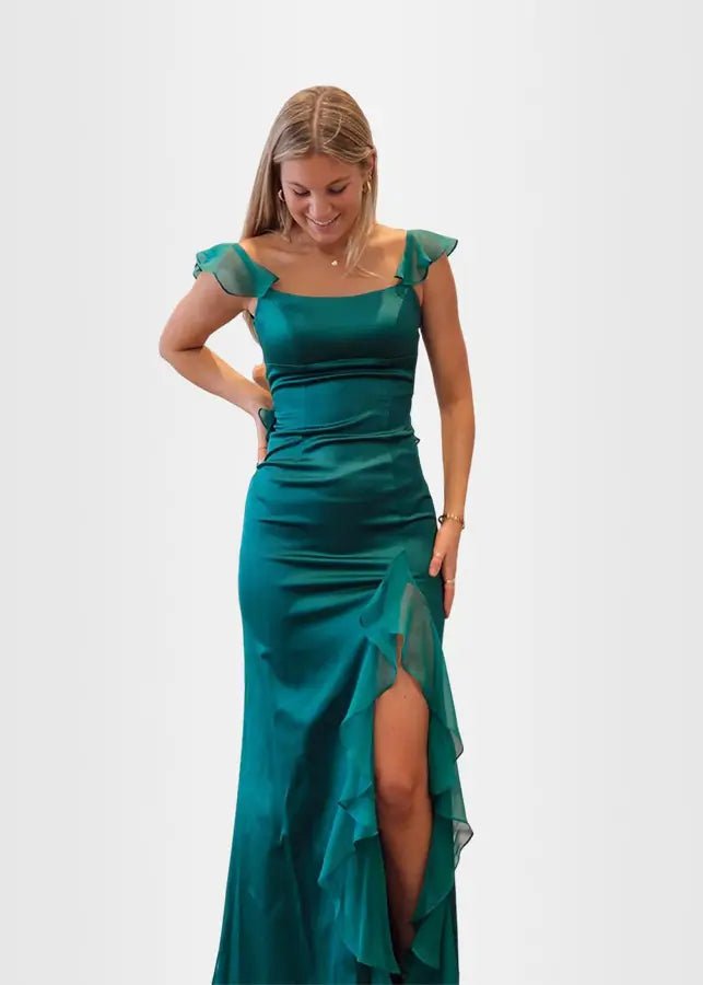 Kimberley | Emerald Green Prom Dress Long Mermaid Square Neck Ruffle Satin with Slit - Emerald Green - PromDressClub