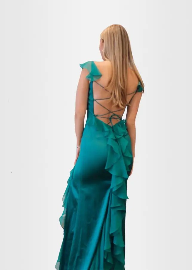 Kimberley | Emerald Green Prom Dress Long Mermaid Square Neck Ruffle Satin with Slit - Emerald Green - PromDressClub