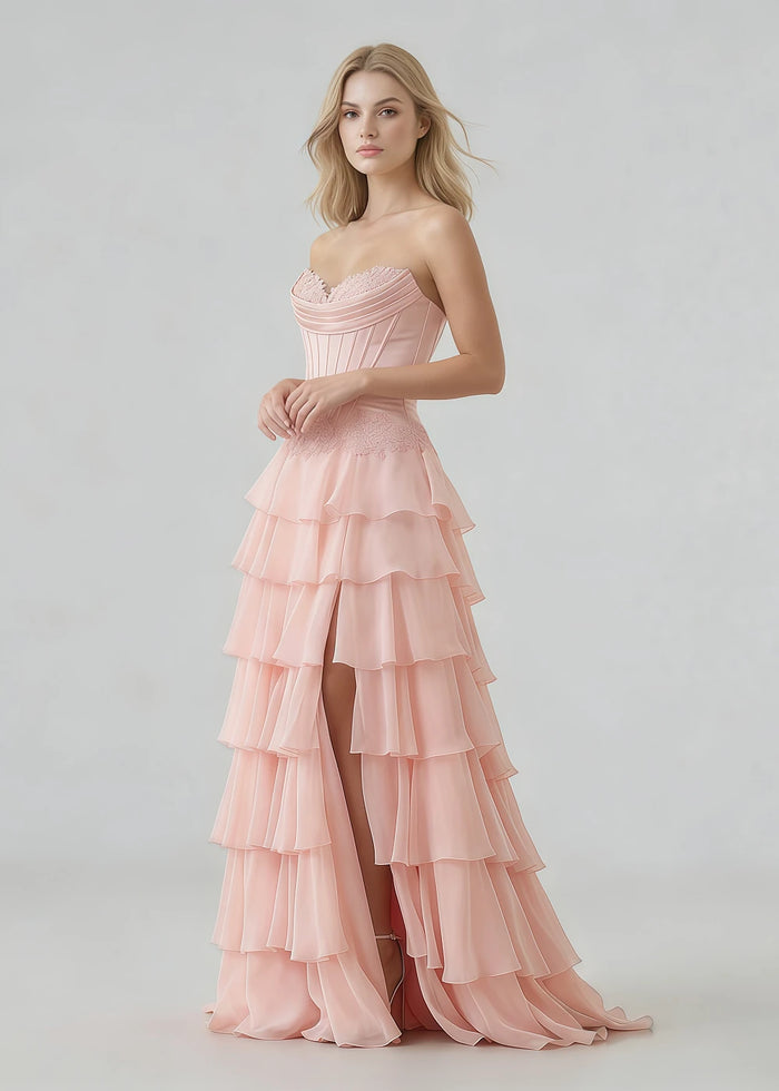 Jora Corset Pink Prom Dress with Ruffles | A - Line Strapless Appliques Lace Formal Dress with Slit - Pink - PromDressClub