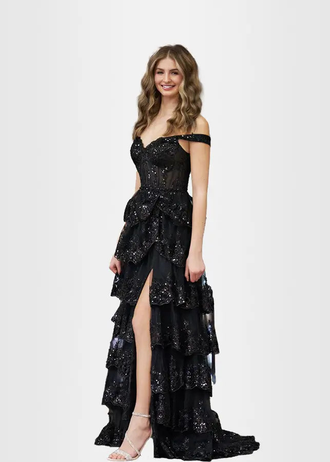 Lydia |Lace Ruffles A Line Blue Princess Off the Shoulder Prom Dress With Corset - Black - US0 - PromDressClub