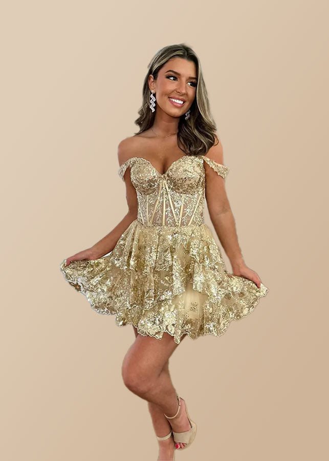 Gold Cocktail Dress Short Lace Cute Off Shoulder With Layered | PromDressClub