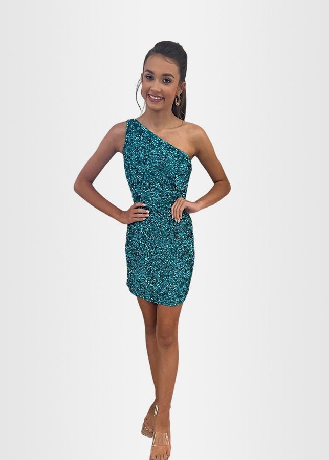 Lindsay |Orange Homecoming Dresses Short Long Sleeve One Shoulder Sequined - Jade - PromDressClub